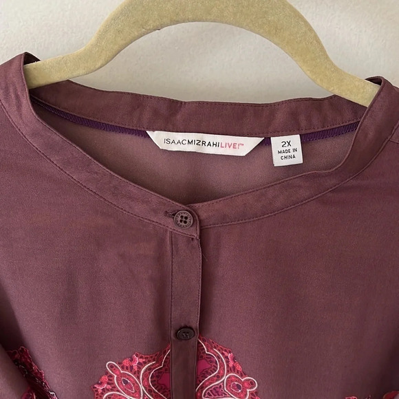 Tunic Top Women’s 2X Paisley & Plaid Print Plum Silky Party Boho - Picture 3 of 16